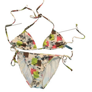 LOCAL MOTION WOMEN'S WHITE/PINK/GREEN‎ TROPICAL FISH BIKINI LARGE-EUC